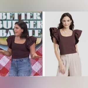 NWT A New Day Double Flutter Short Sleeve Top  Brown As Seen On TV Size XS